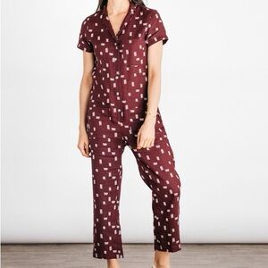 Bridge & Burn Flynn Jumpsuit - Burgundy Line Print. 100% linen. Size Large.